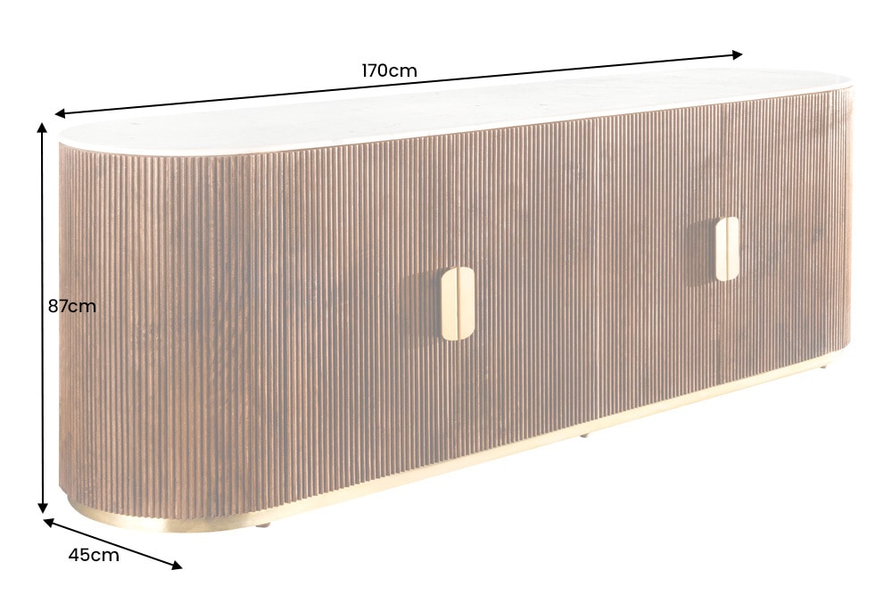 Design Sideboard GATSBY 170cm braun gold Mangoholz weiße Marmorplatte