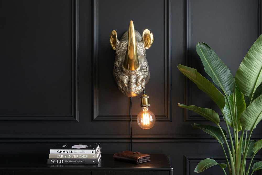 Moderne Wandlampe RHINO 40cm gold Nashorn-Skulptur handmade