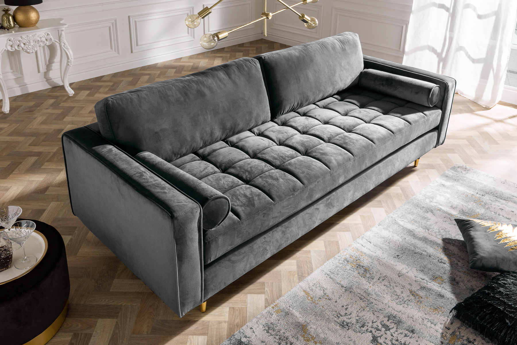Design 3-Sitzer Sofa COZY VELVET 220cm grau Samt Federkern Lounge