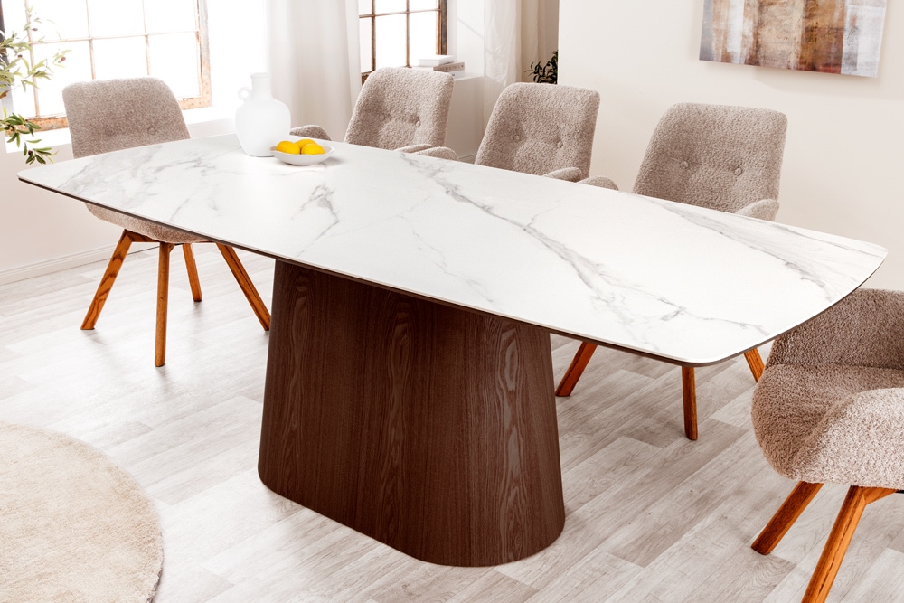 Design Esstisch UNIQUE 200cm weiß Walnuss Keramik Marmor Säulenfuß