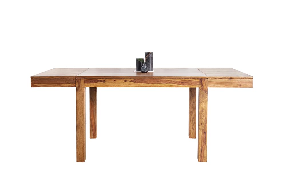 Massiver Holz Esstisch PURE 120-200cm braun Sheesham stone finish mit Ansteckplatten