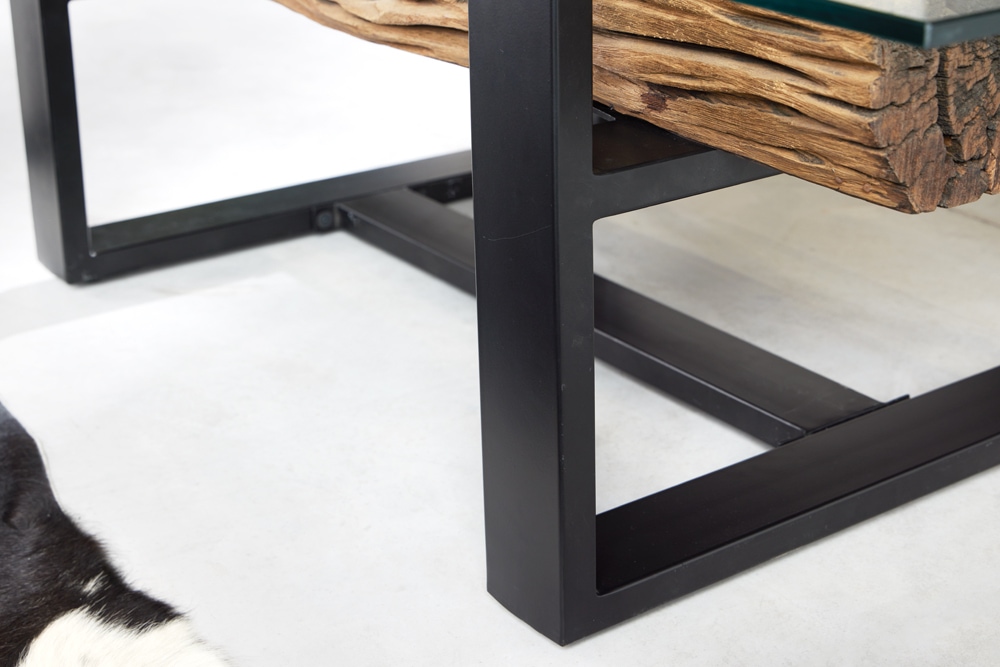 Design Couchtisch BARRACUDA 130cm recyceltes Teakholz Glasplatte schwarz Edelstahl Industrial