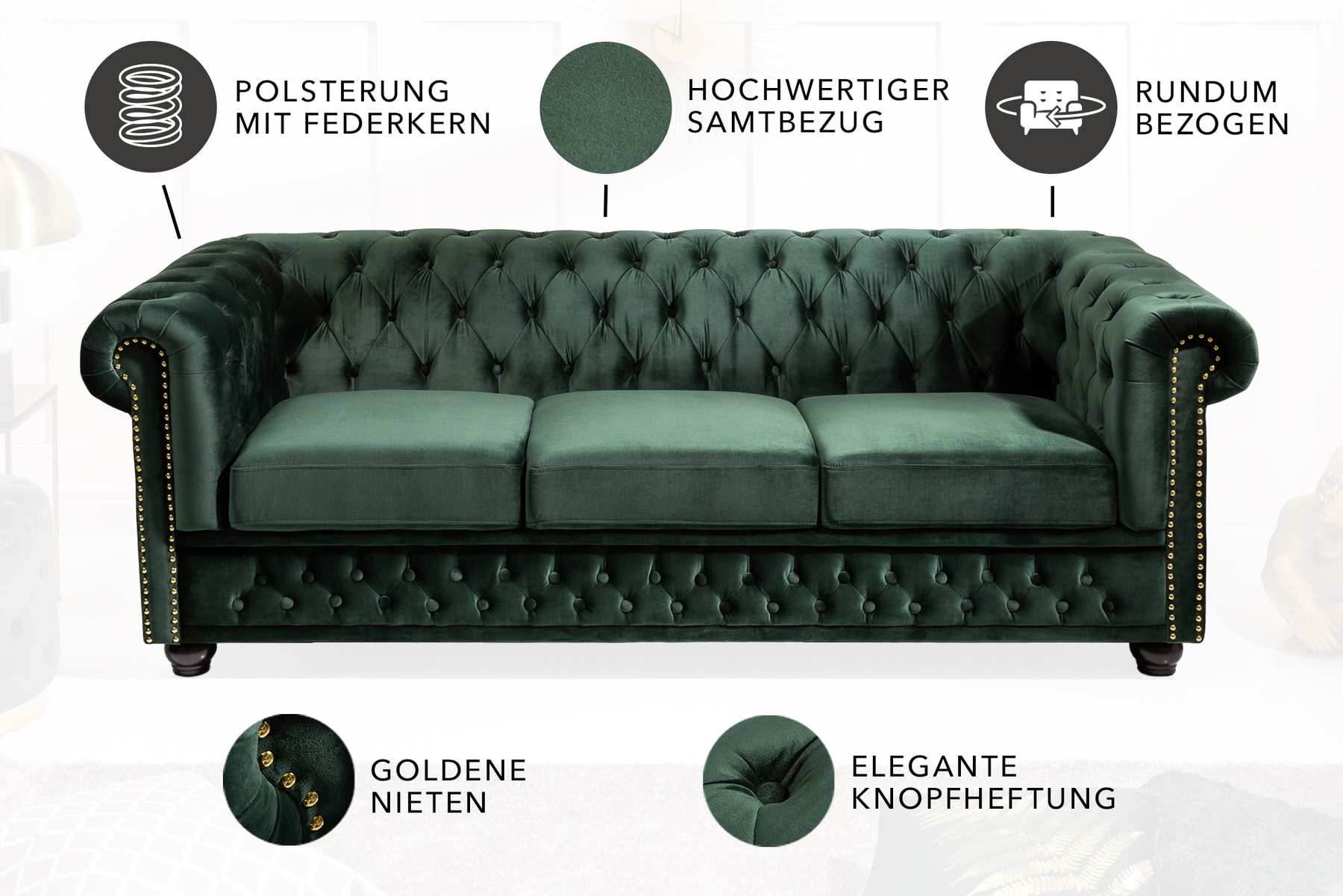 Chesterfield 3-Sitzer Sofa 205cm flaschengrün Samt Federkern Knopfheftung