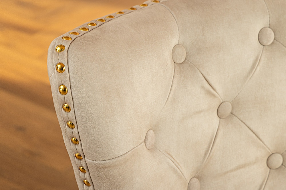 Barock Stuhl CASTLE DELUXE beige Samt gold Edelstahl mit Löwenkopf Ziernieten