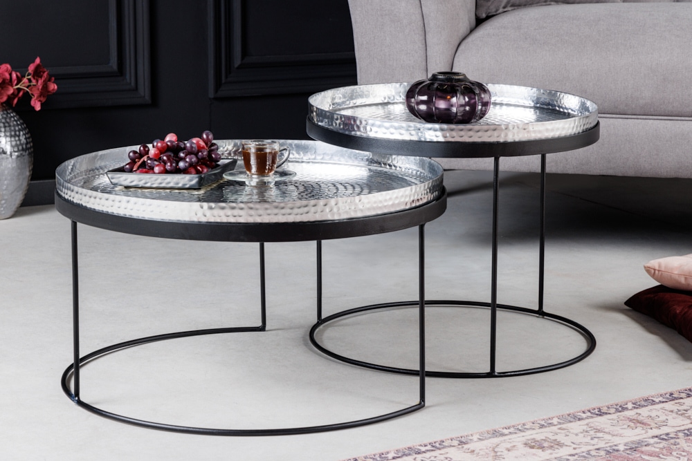 2er Set Runde Couchtische ELEMENTS 60cm silber schwarz Metall Tabletttisch Beistelltisch
