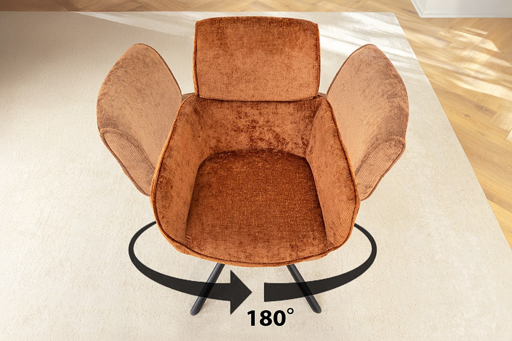 Drehbarer Retro Stuhl UNIQUE rost braun Chenille schwarze Metallbeine mit Armlehne
