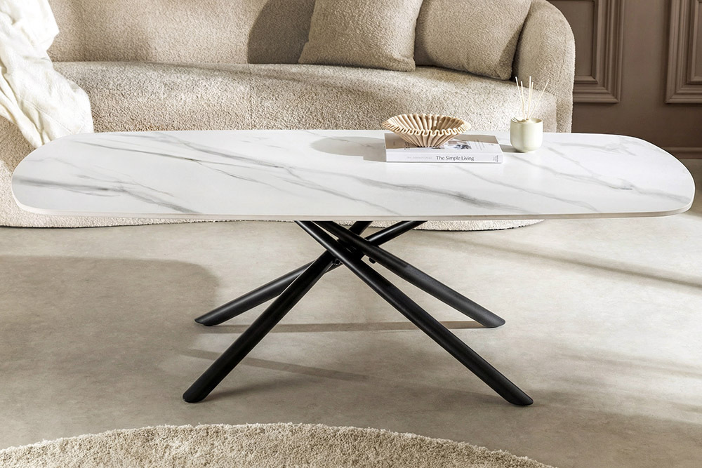 Design Couchtisch OSAKA 110cm weiß Keramik schwarz Sterngestell Metall