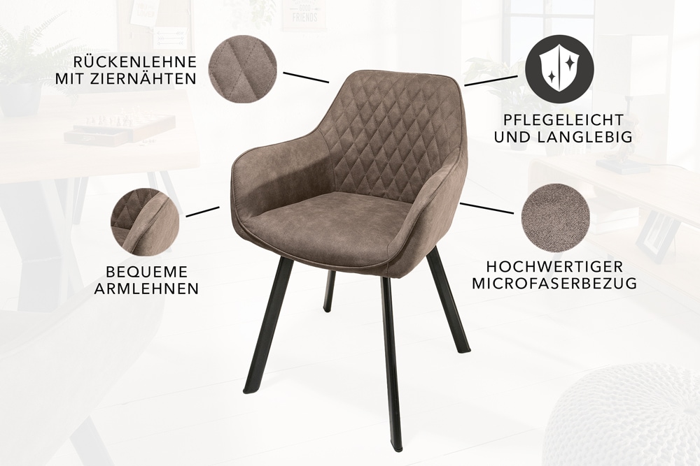 Retro Stuhl PALERMO taupe mit Armlehne und Ziersteppung