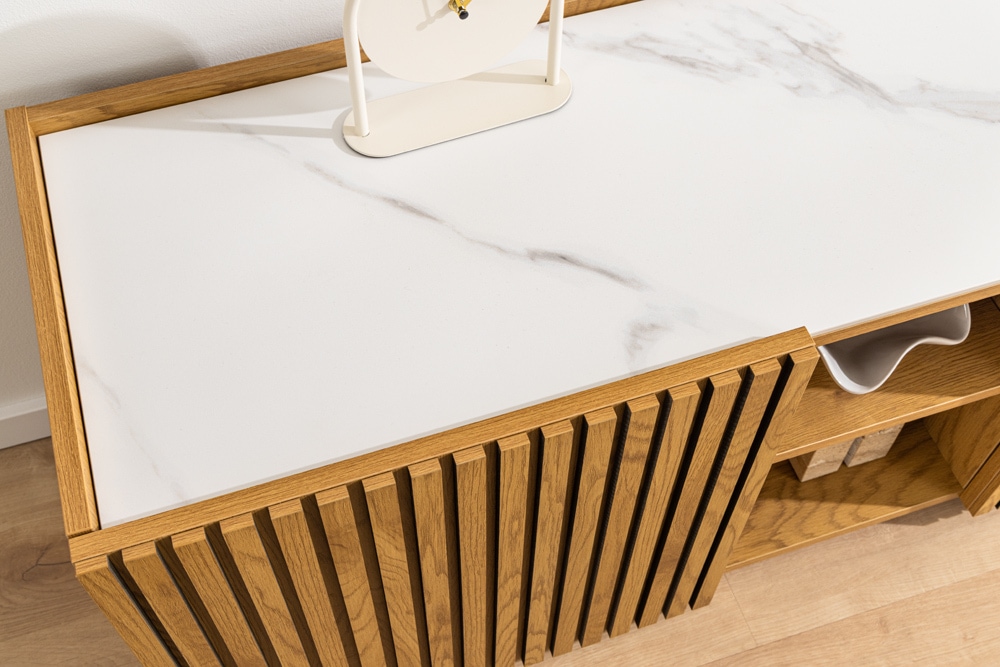 Design Lowboard VICENZA 180cm weiß Keramik natur Eiche Lamellenfront