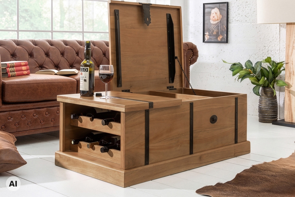 Massiver Couchtisch BODEGA 100cm braun honey finish Mangoholz Hausbar Truhe Stauraum