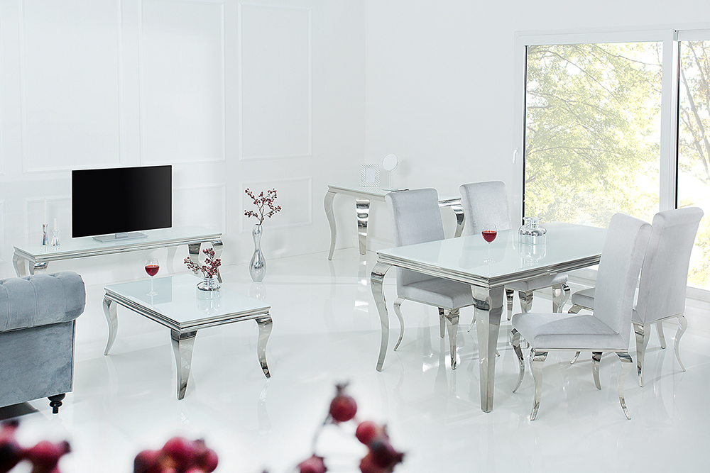 Eleganter Konsolentisch MODERN BAROCK 145cm weiß Edelstahlbeine Opalglas