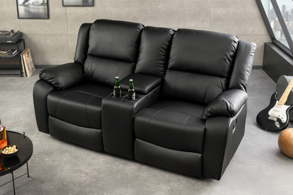 Exklusiver 2er Kinosessel HOLLYWOOD 190cm schwarz mit Liegefunktion und Getränkehalter
