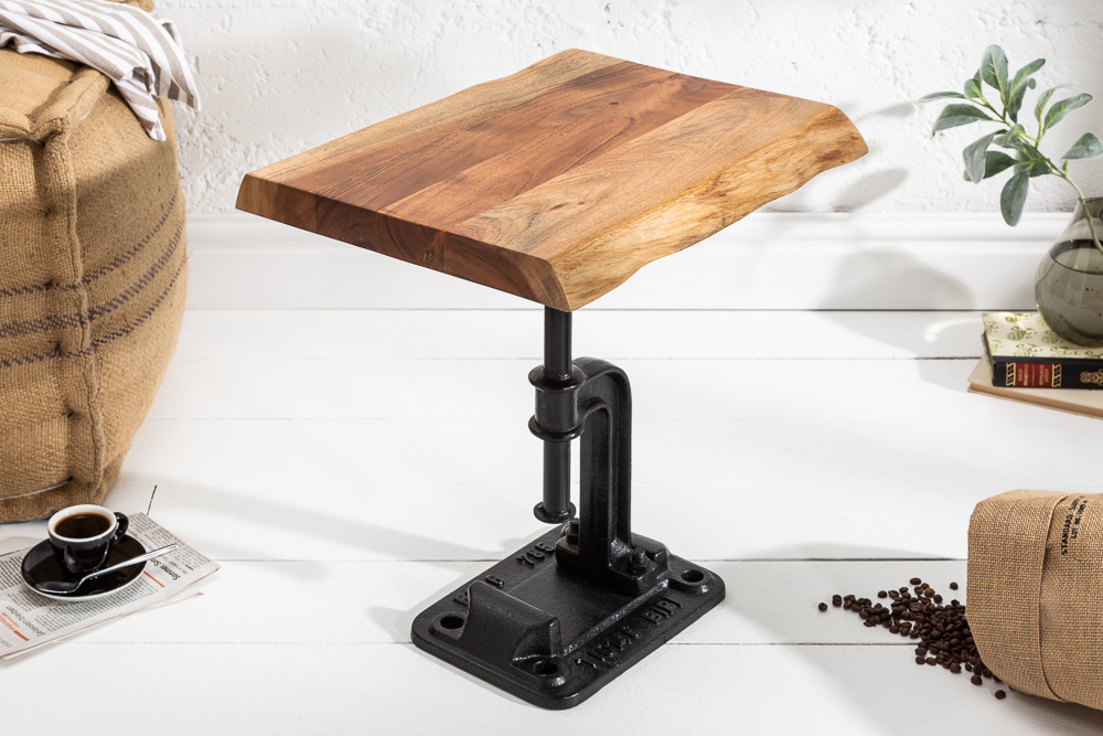 Authentischer Beistelltisch FACTORY 50cm Akazie Massivholz Baumkante Industrial Design