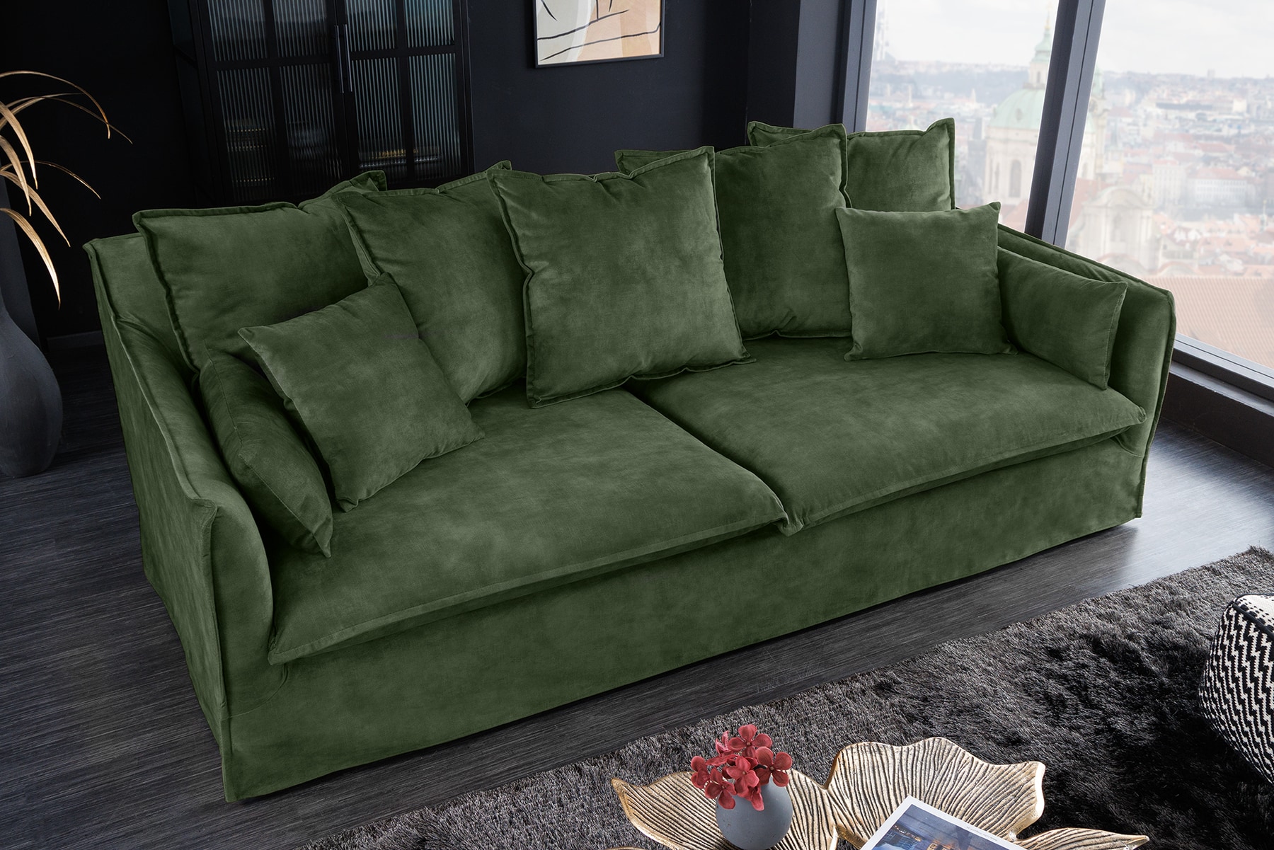 Großes 3-Sitzer Sofa HEAVEN 200cm dunkelgrün Samt Federkern waschbarer Bezug Hussensofa Couch
