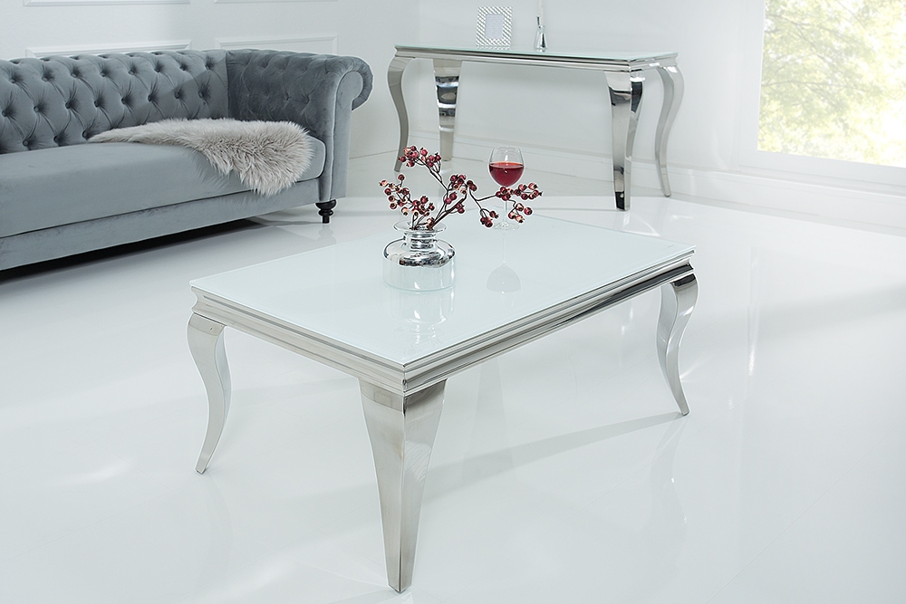 Eleganter Couchtisch MODERN BAROCK 100cm silber mit weißem Opalglas