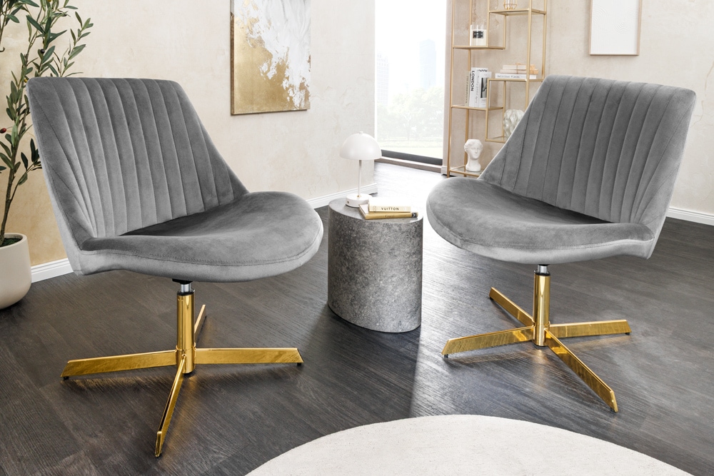 Drehbarer Sessel LOUNGER grau gold Samt Modern Design Drehbarer Sessel LOUNGER grau gold Samt Modern Design