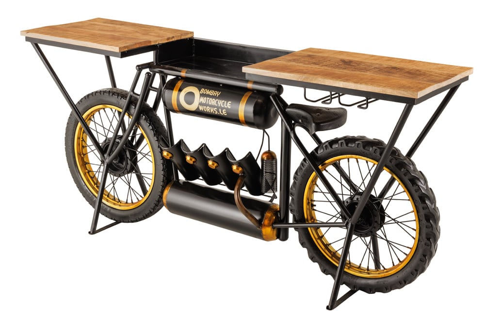 Industrial Konsolentisch MOTORCYCLE 185cm Mangoholz schwarz Motorrad Bartheke Upcycling