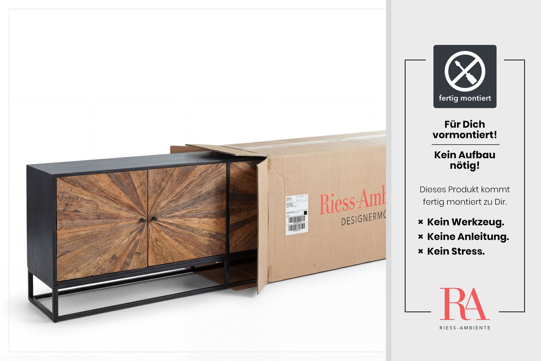 Massives Sideboard BARRACUDA 180cm braun Mangoholz mit Teakholz-Front schwarz Metall