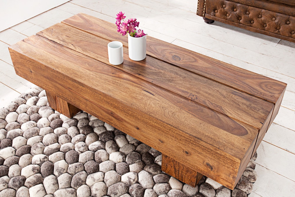 Massivholz Design Couchtisch BOLT 100cm braun Sheesham stone finish