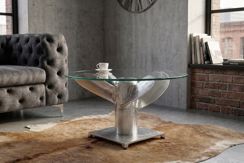 Maritimer Couchtisch OCEAN M 60cm silber antik rund Schiffsschraube Glasplatte