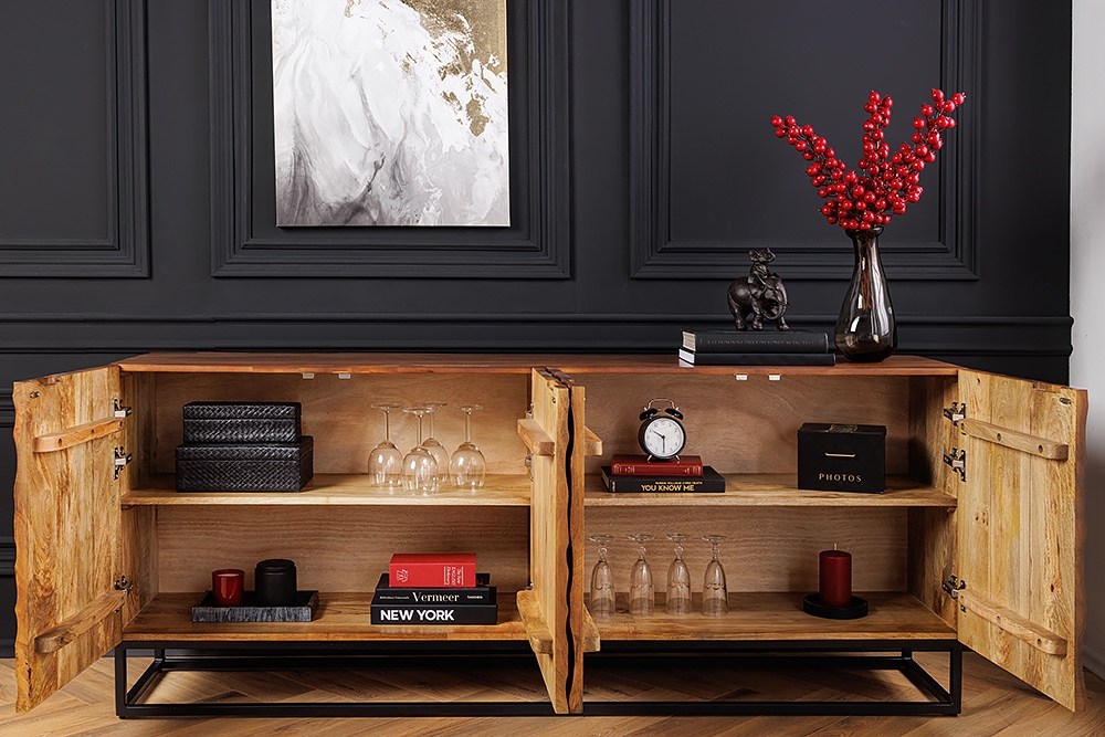 Massivholz Sideboard VULCANO 180cm braun Mangoholz mit 3D Schnitzereien handmade Metallgestell schwarz