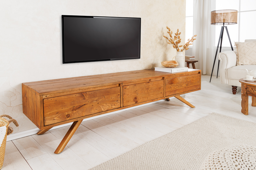 Massives TV-Board FINCA 180cm vintage braun recyceltes Pinienholz mit Schubladen