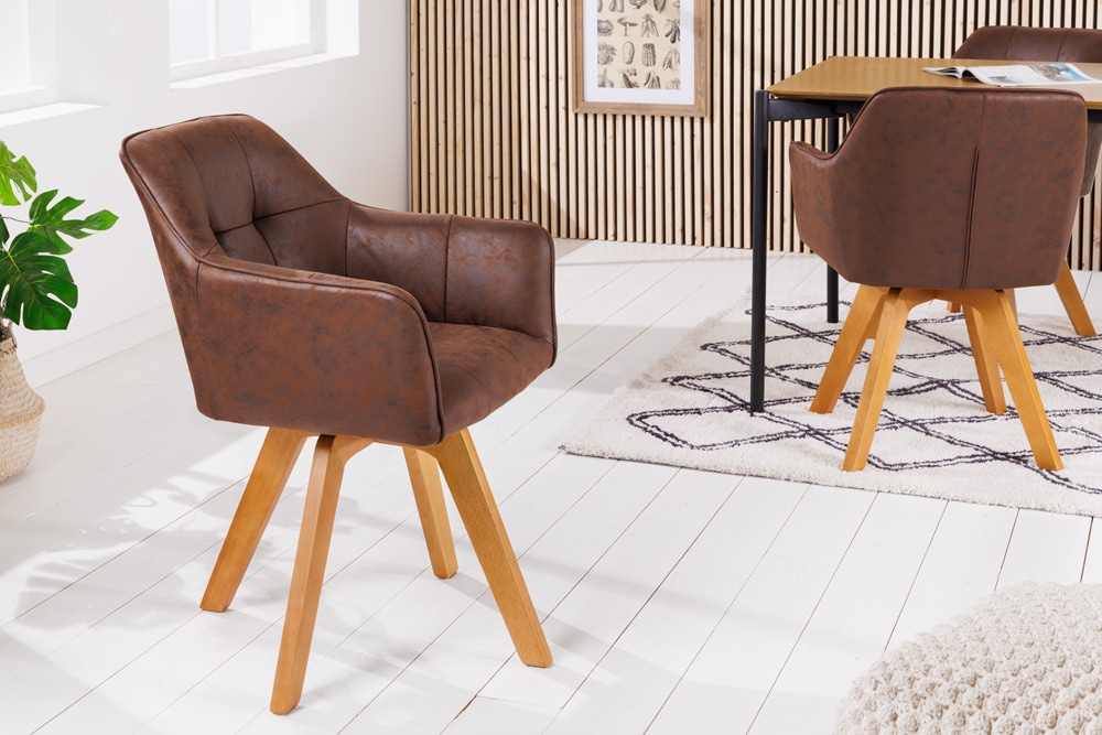 Design Stuhl LOFT antik braun Microfaser drehbar massiv Buchenholz mit Armlehne