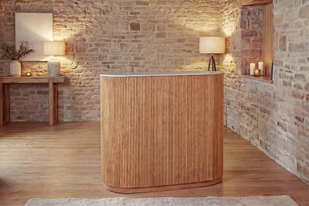 Massiver Bartisch TRES CHIC 120cm braun Mangoholz weiß Marmor mit Flaschenregal