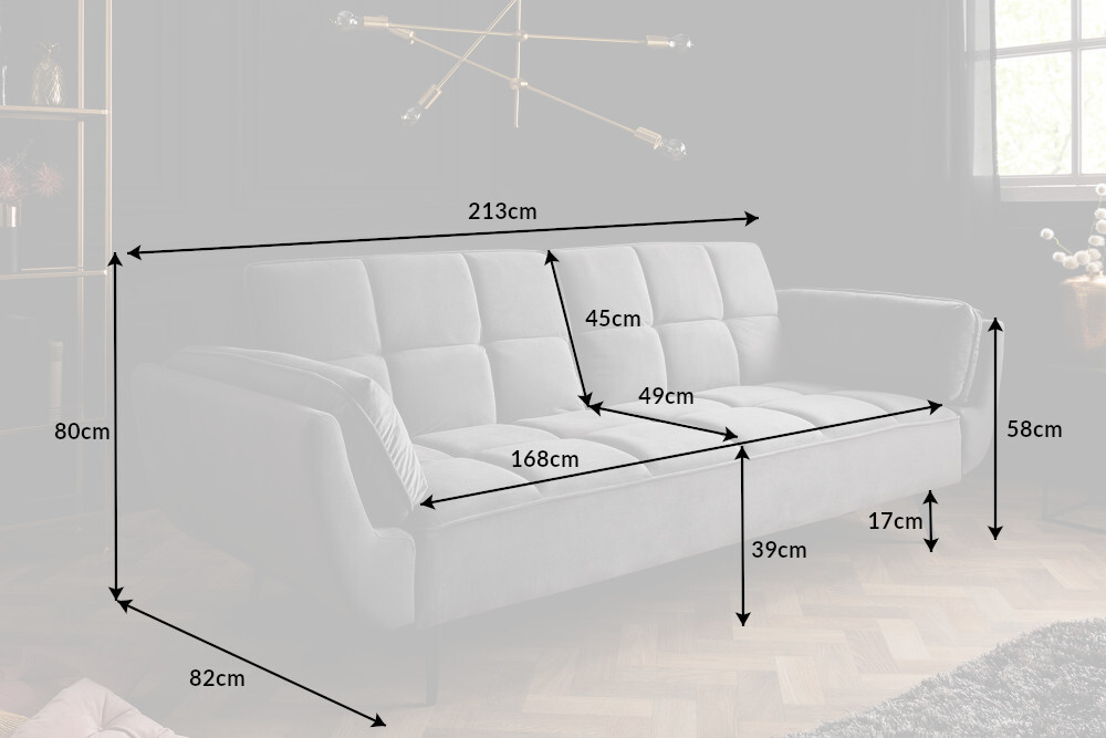 Retro Schlafsofa BOUTIQUE 215cm grau Samt 3-Sitzer mit schwarzen Füßen