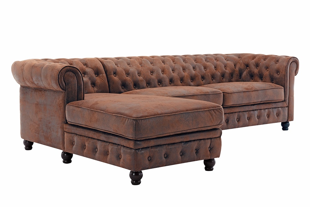 Design Ecksofa CHESTERFIELD 270cm antik braun Microfaser Federkern Ottomane links Vintage