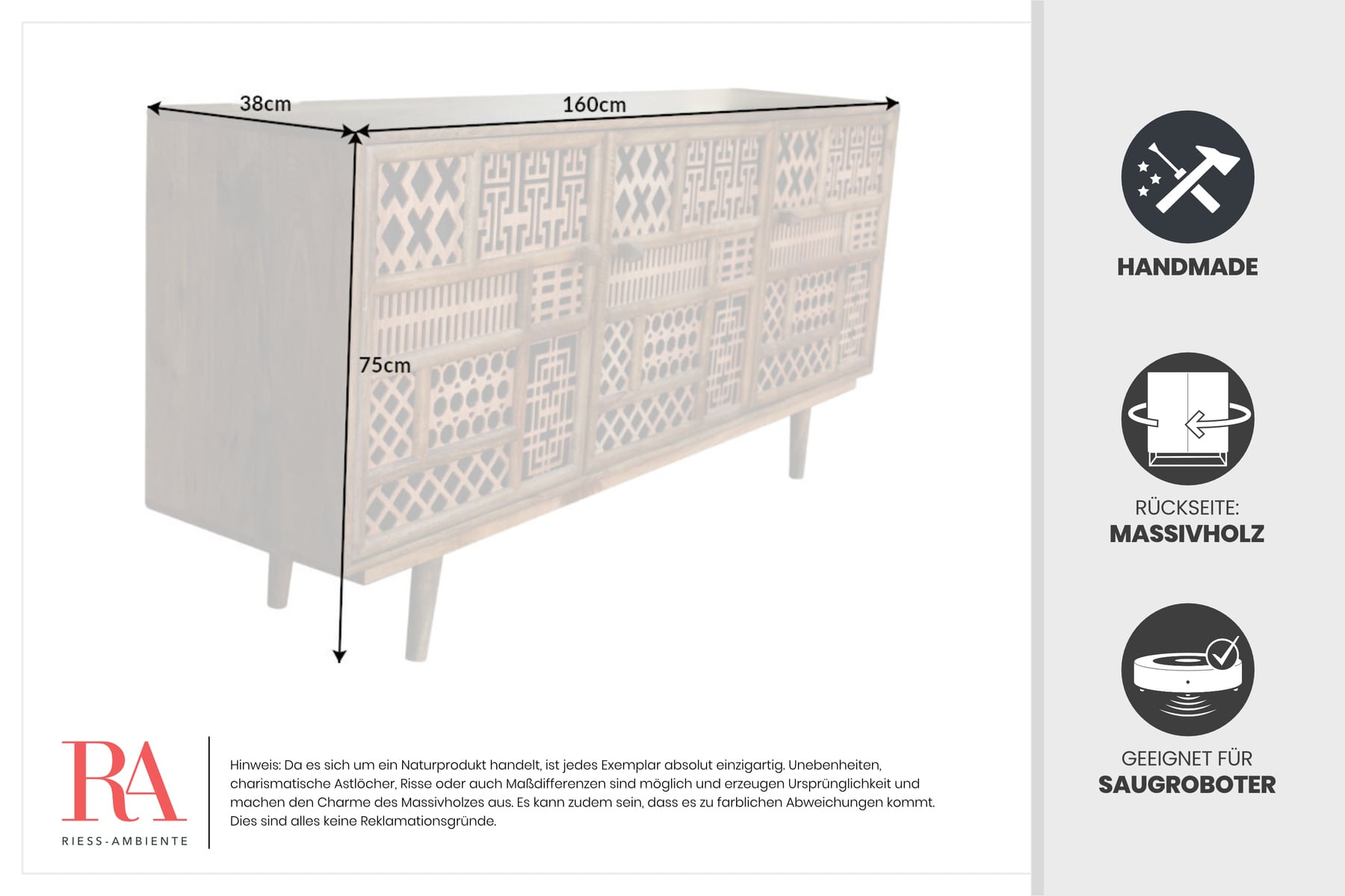 Massives Sideboard MARRAKESCH 160cm Mangoholz mit Verzierung Boho Stil