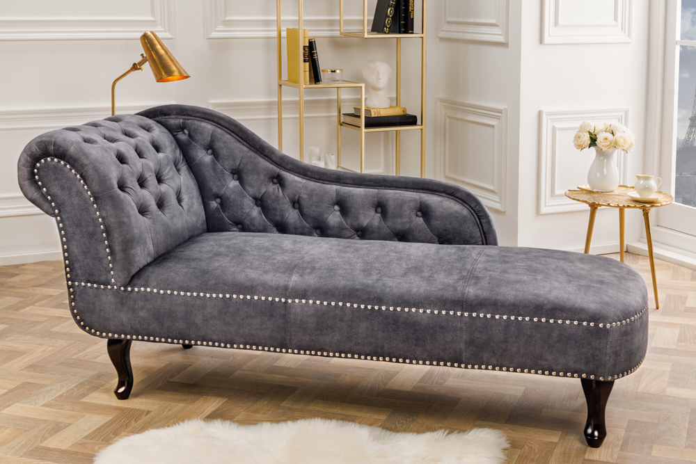 Design Récamière CHESTERFIELD 170cm grau strukturiertes Samt Knopfheftung Nietenbesatz