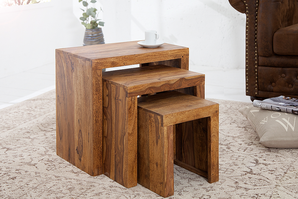 3er Set Massivholz Beistelltische MAKASSAR 45cm braun Sheesham stone finish Maserung