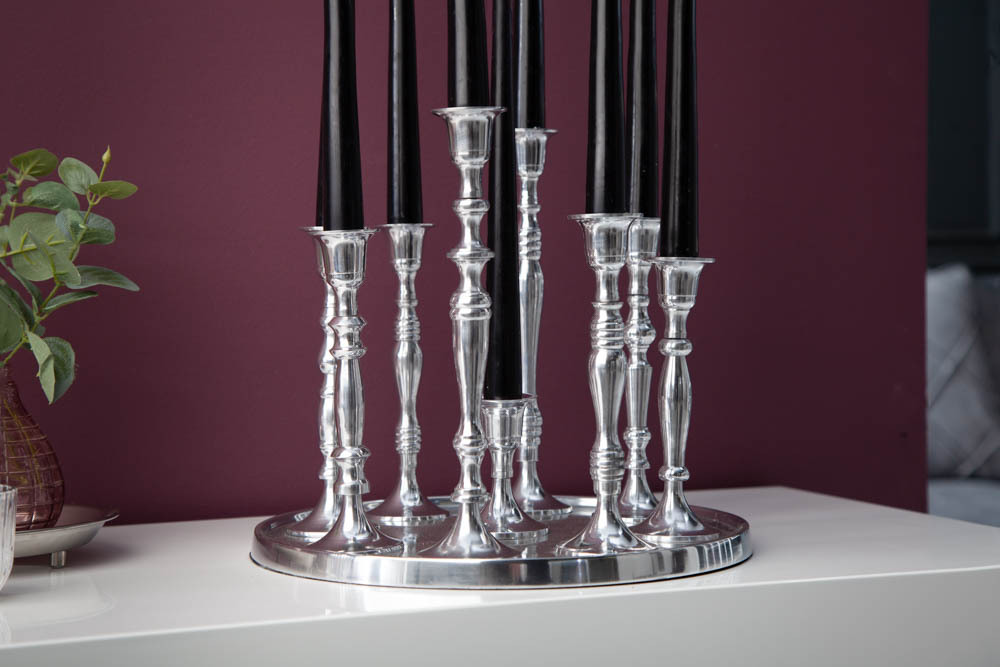 Kerzenständer MODERN BAROCK 30cm 9-flammig silber Aluminium poliert Kerzenhalter Deko-Platte