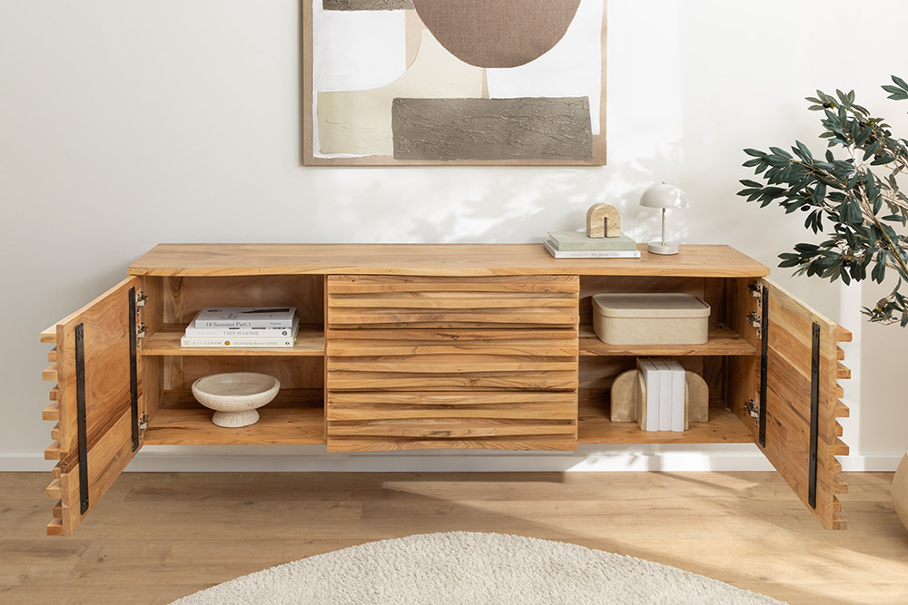 Hängendes Sideboard RELIEF 175cm natur Akazie Massivholz mit Schubladen