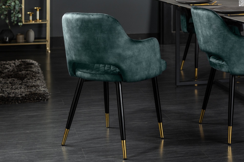 Eleganter Stuhl PARIS petrol Samt Ziersteppung Fußkappen gold Retro-Design mit Armlehnen