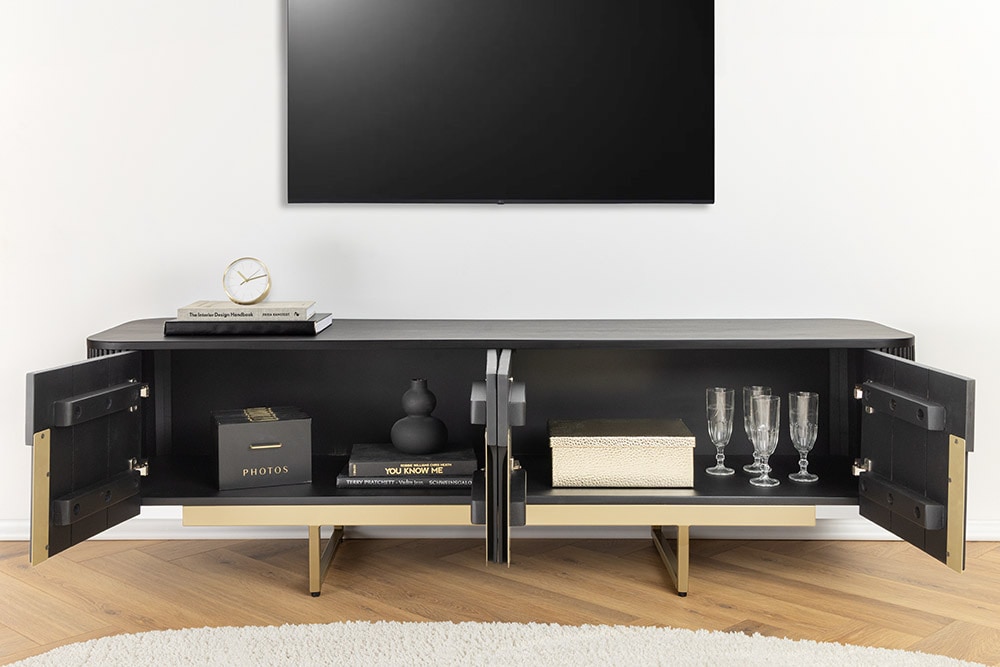 Massives TV-Board GATSBY 160cm schwarz gold Mangoholz Retro Lowboard