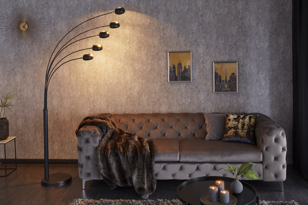 Design Bogenlampe FIVE LIGHTS 210cm schwarz gold Stehlampe mit Marmorfuß