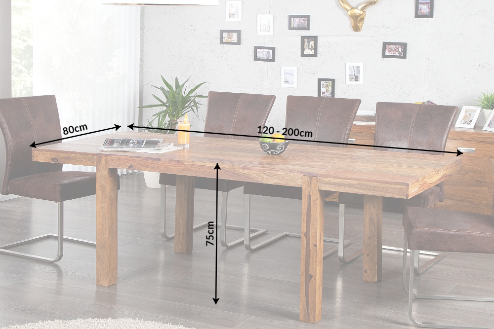 Massiver Holz Esstisch PURE 120-200cm braun Sheesham stone finish mit Ansteckplatten