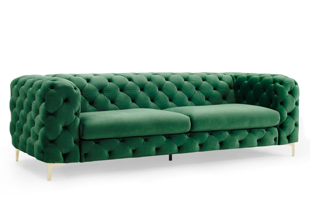 Chesterfield 3-Sitzer Sofa MODERN BAROCK 235cm smaragdgrün Samt Federkern gold Metallfüße