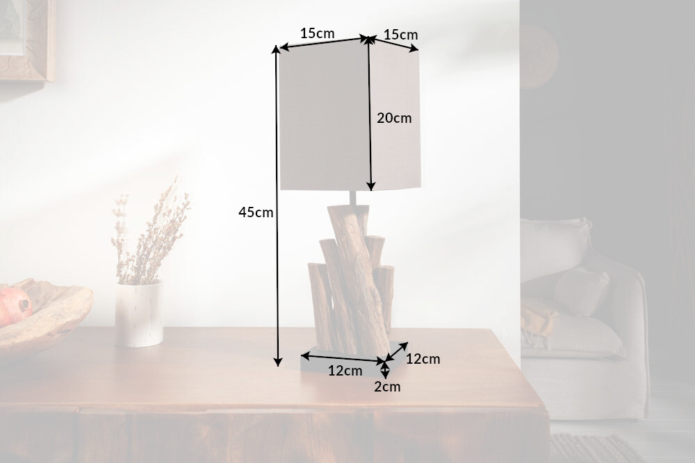 Handgefertigte Tischlampe PURE NATURE 45cm Eisenholz mit Baumwollschirm