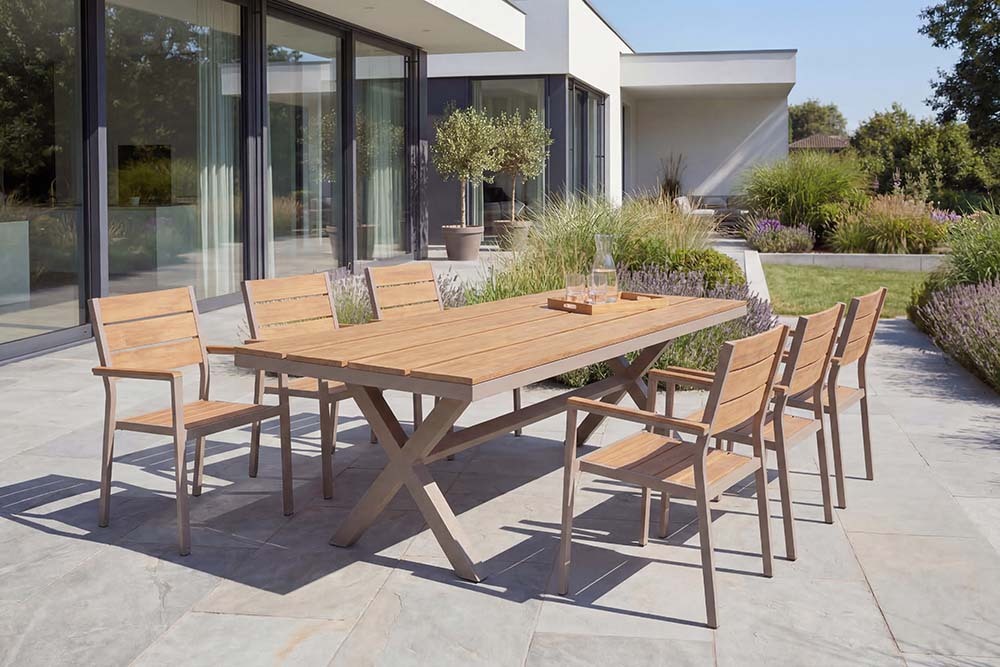 Moderner Gartentisch DESIGNO 200cm natur greige Aluminium wetterfest X-Gestell