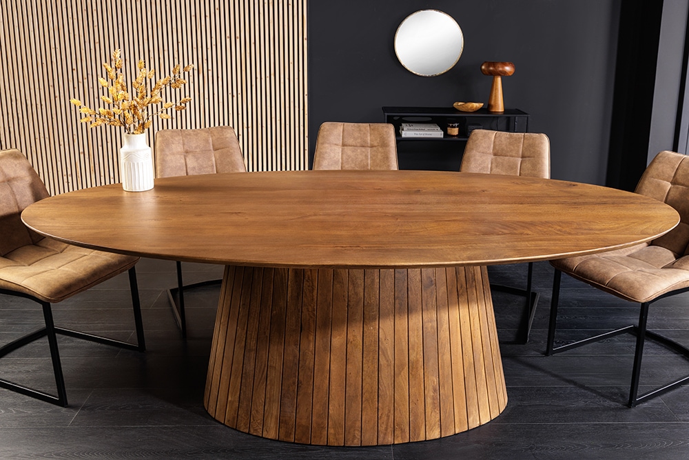 Ovaler Esstisch ART DECO 220cm braun smoked massives Mangoholz mit Säulenfuß