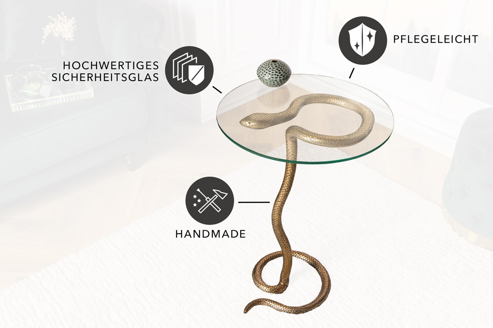 Runder Beistelltisch WILDLIFE SNAKE 65cm kupfer antik Metall Glas handmade