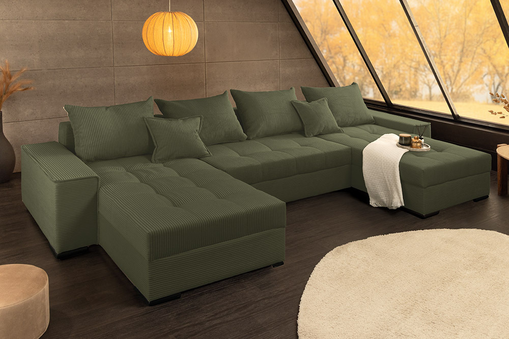 XXL Wohnlandschaft LODGE 315cm grün Cord Sofa mit Schlaffunktion und Stauraum » Jetzt kaufen