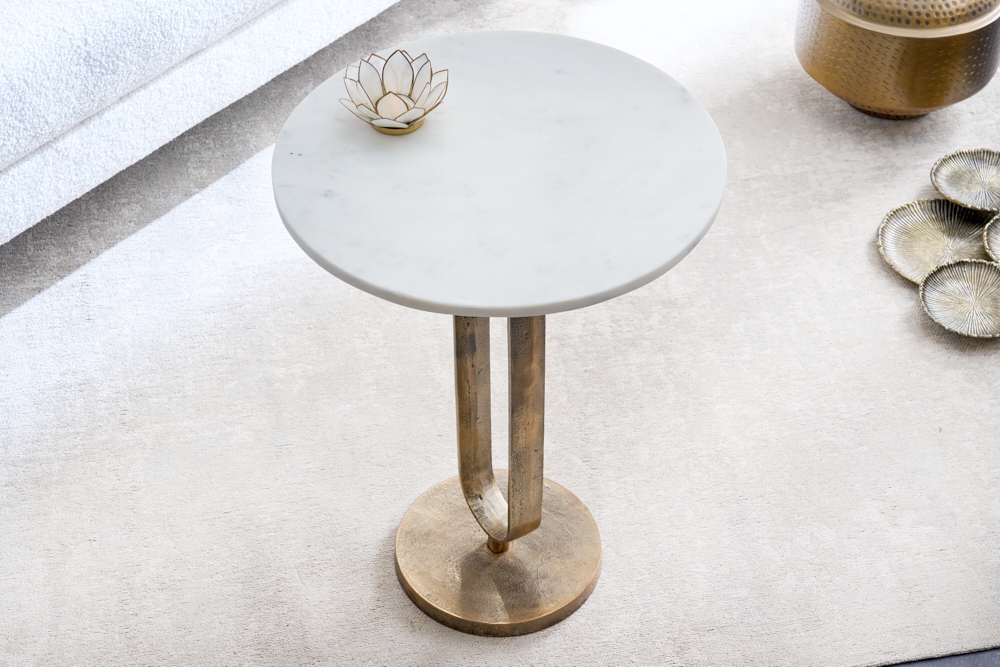 Runder Beistelltisch ELEGANCE 60cm weiß gold antik Marmor Metall Aluminium handmade