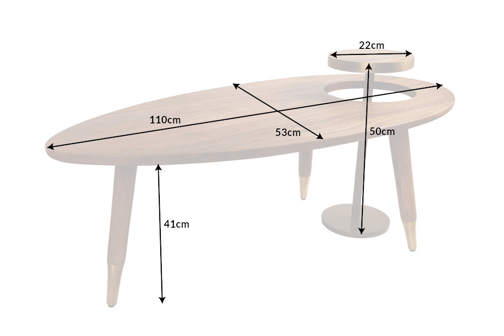 Massivholz Couchtisch GATSBY 110cm braun gold Mango oval rund Beistelltisch 2er Set Retro Design