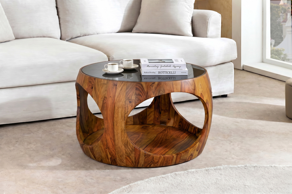 Runder Couchtisch ORGANIC LOOP 60cm braun stone finish Sheeshamholz Glas schwarz » Jetzt kaufen