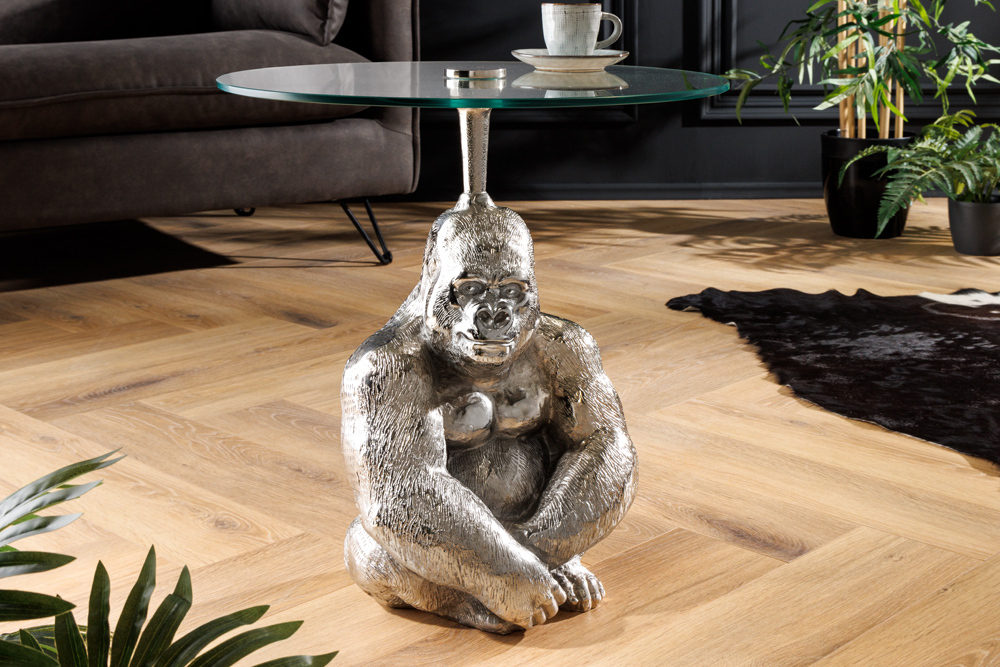 Runder Beistelltisch KONG 50cm silber Metall Glas Affenfigur Gorilla Skulptur » Jetzt kaufen