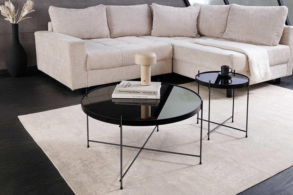 Runder Couchtisch ELEGANCE 45cm anthrazit Glas schwarz Metallgestell